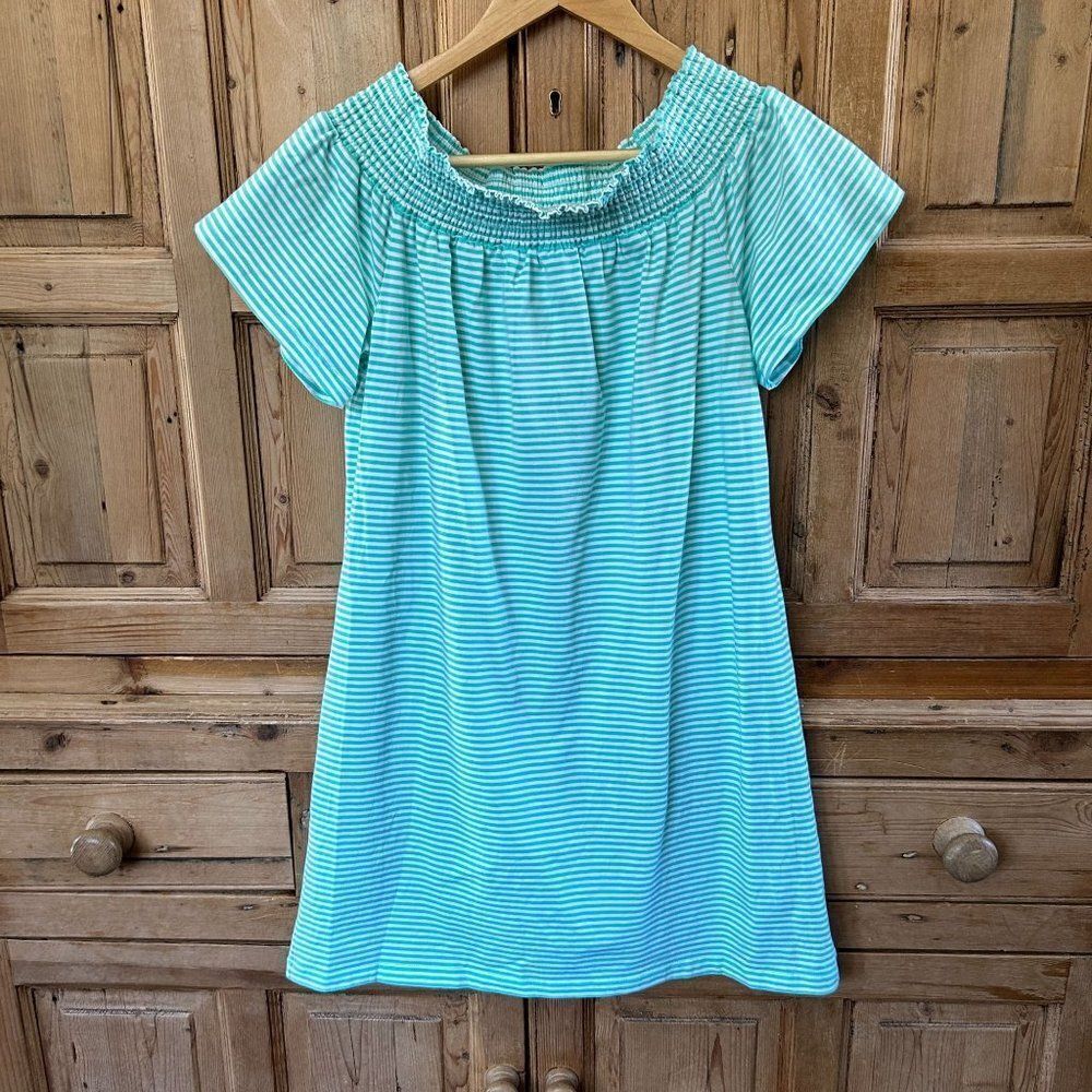 Vineyard Vines Small Dress Teal White Stripe Off the Shoulder Gathered